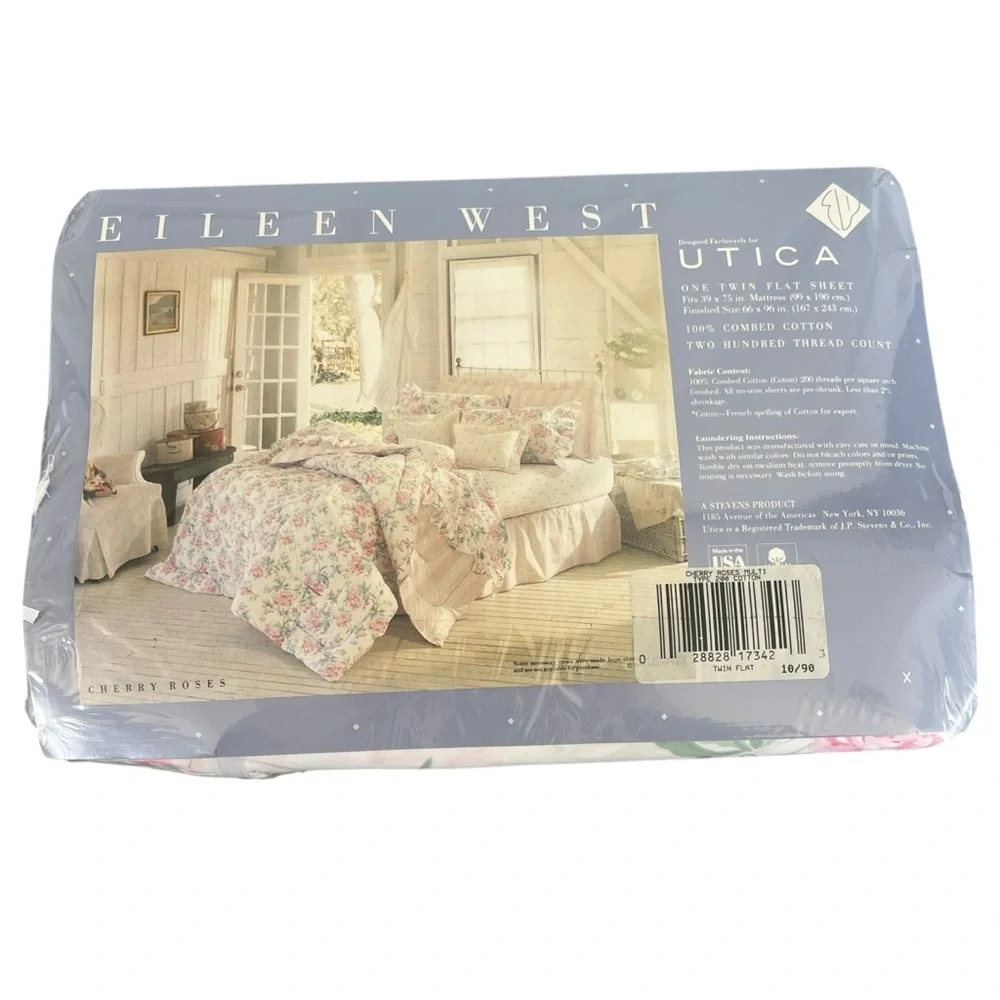 NEW Vintage Eileen West Utica Twin Flat Sheet Combed Cotton Cherry Roses Floral